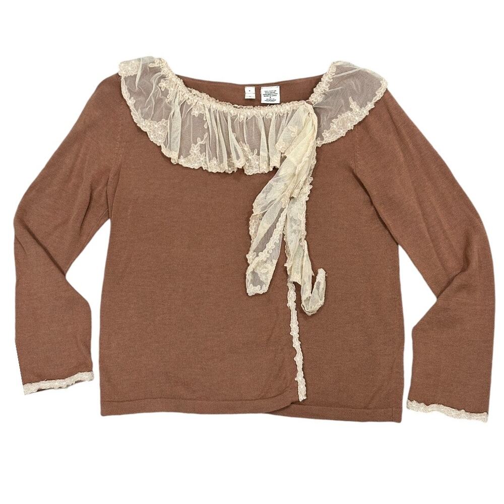 Anthropologie Brown Sweater with Cream Lace Collar